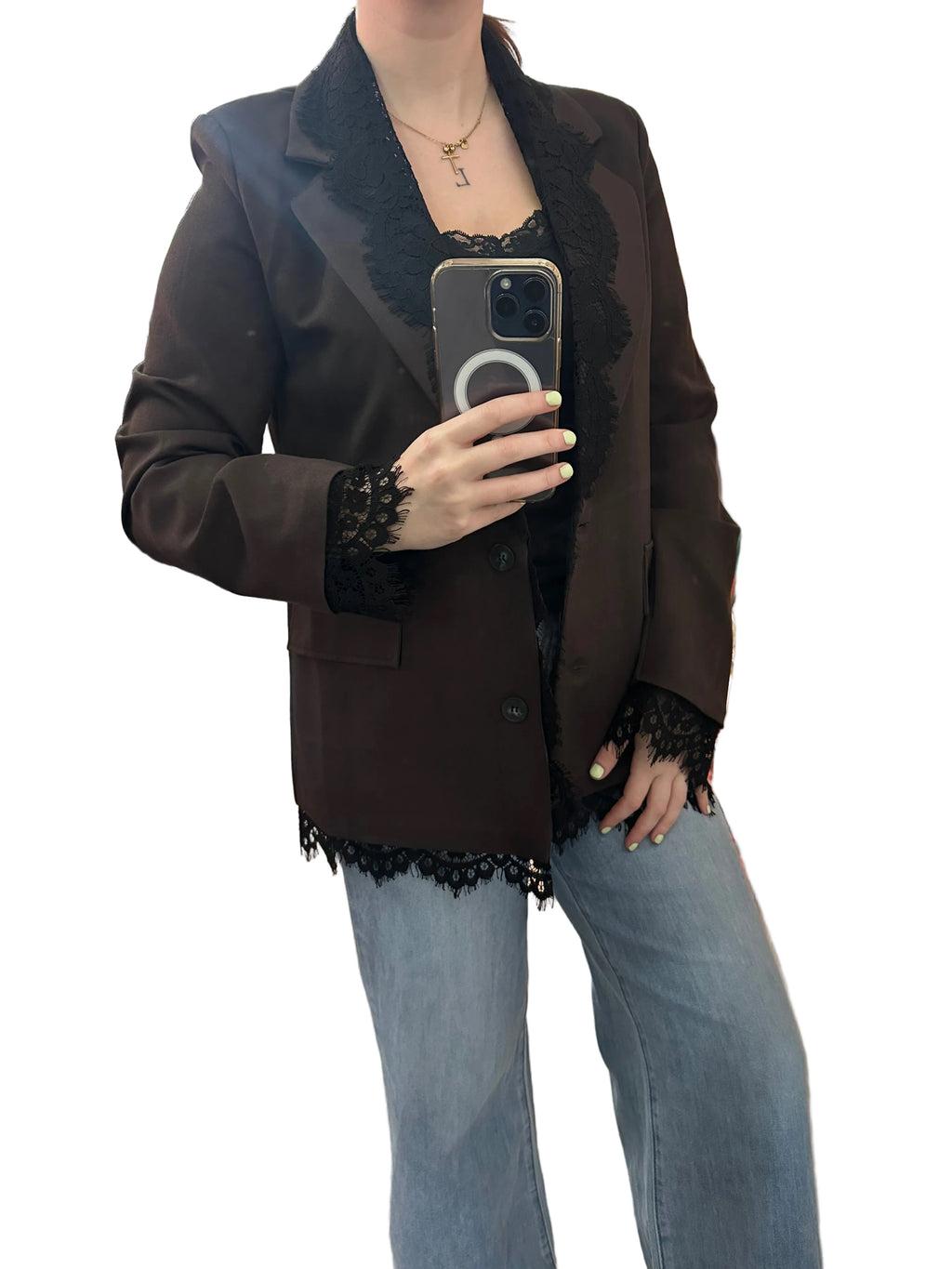 Chaqueta blazer choco con encaje