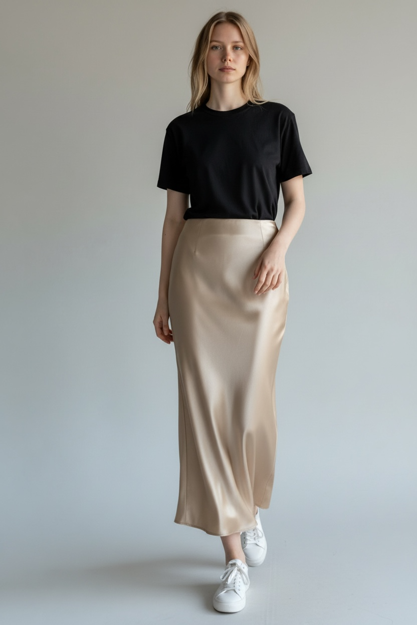 Falda champagne satén