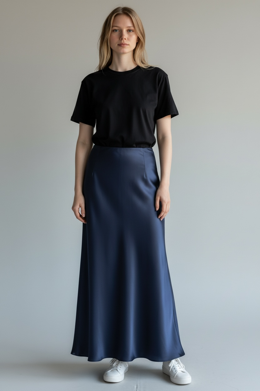 Falda satén azul marino