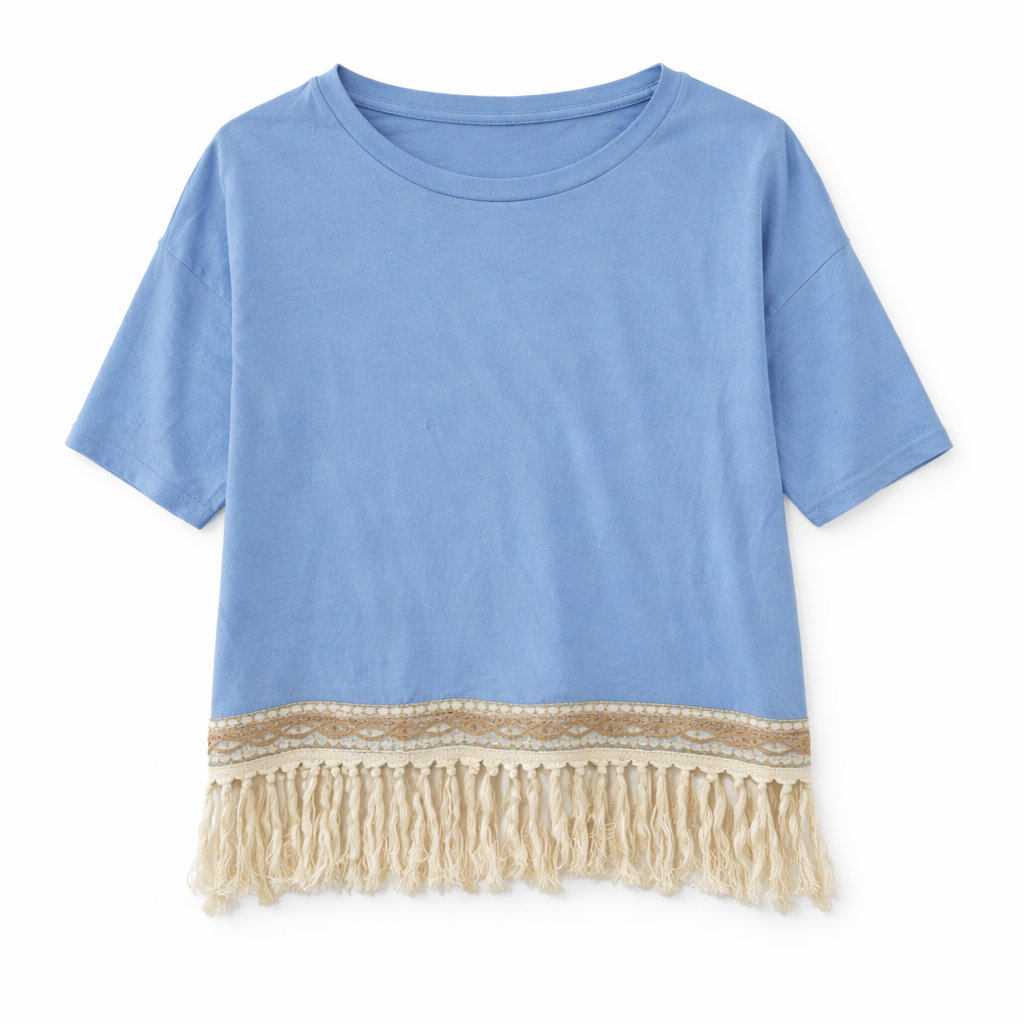Camiseta boho con flecos azul