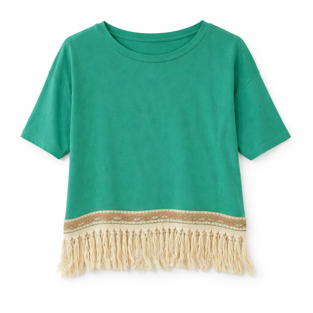 Camiseta boho con flecos verdes
